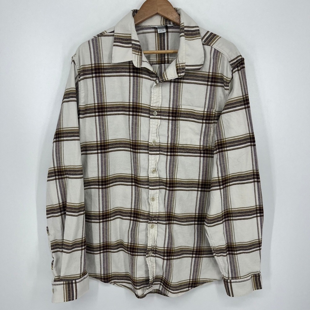 Eddie Bauer Mens XL Tall Plaid Button Down Shirt Brown White Purple
